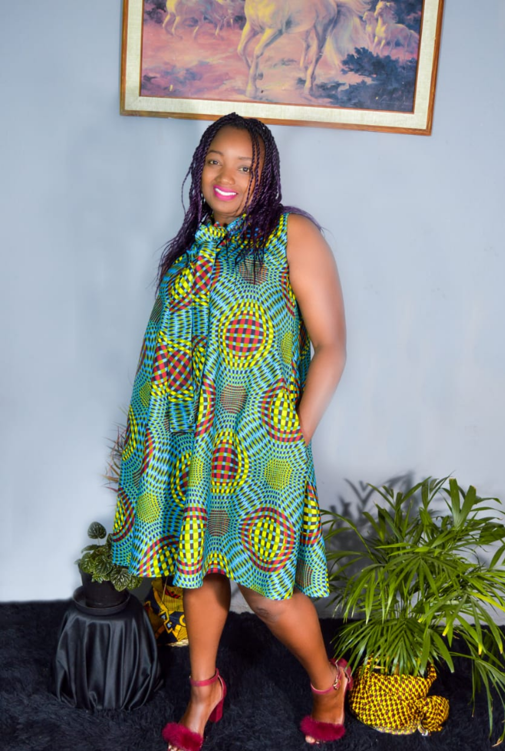 AFRICAN PRINT LADIES GREEN SLEEVLESS  MID DRESS