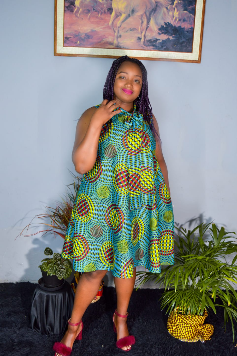 AFRICAN PRINT LADIES GREEN SLEEVLESS  MID DRESS