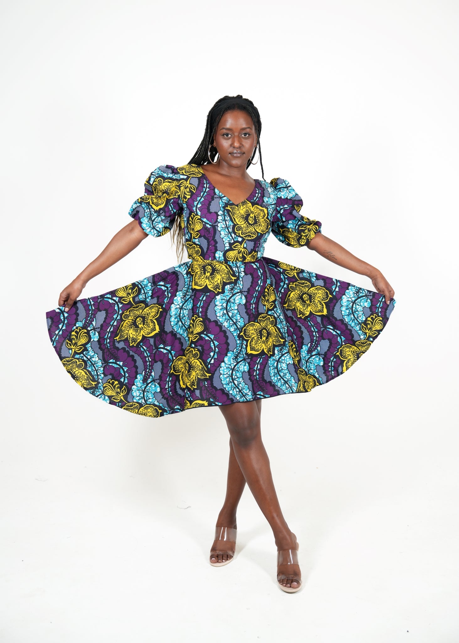 Liandra African Print Floral Puff-Sleeve Flare Dress