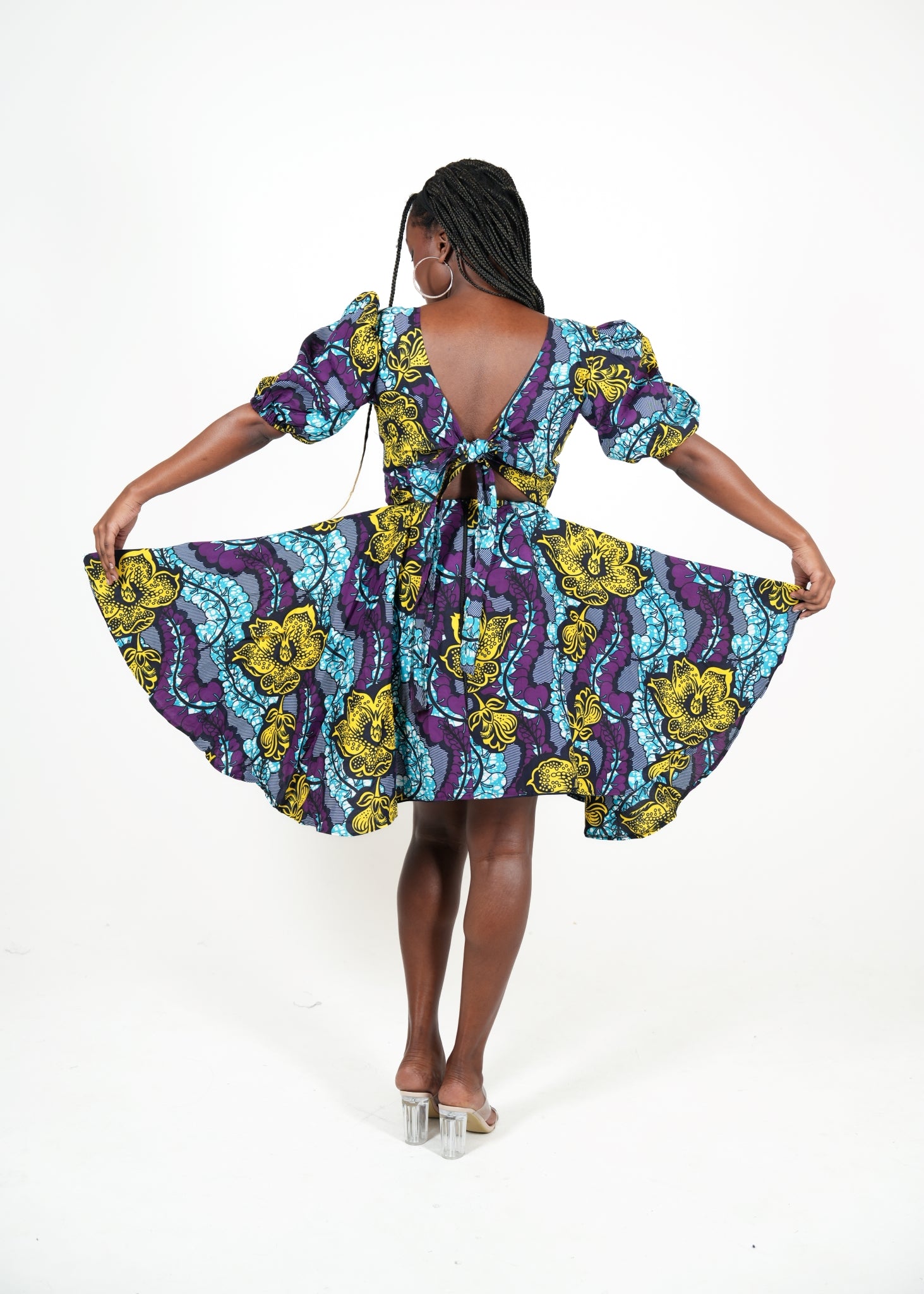 Liandra African Print Floral Puff-Sleeve Flare Dress