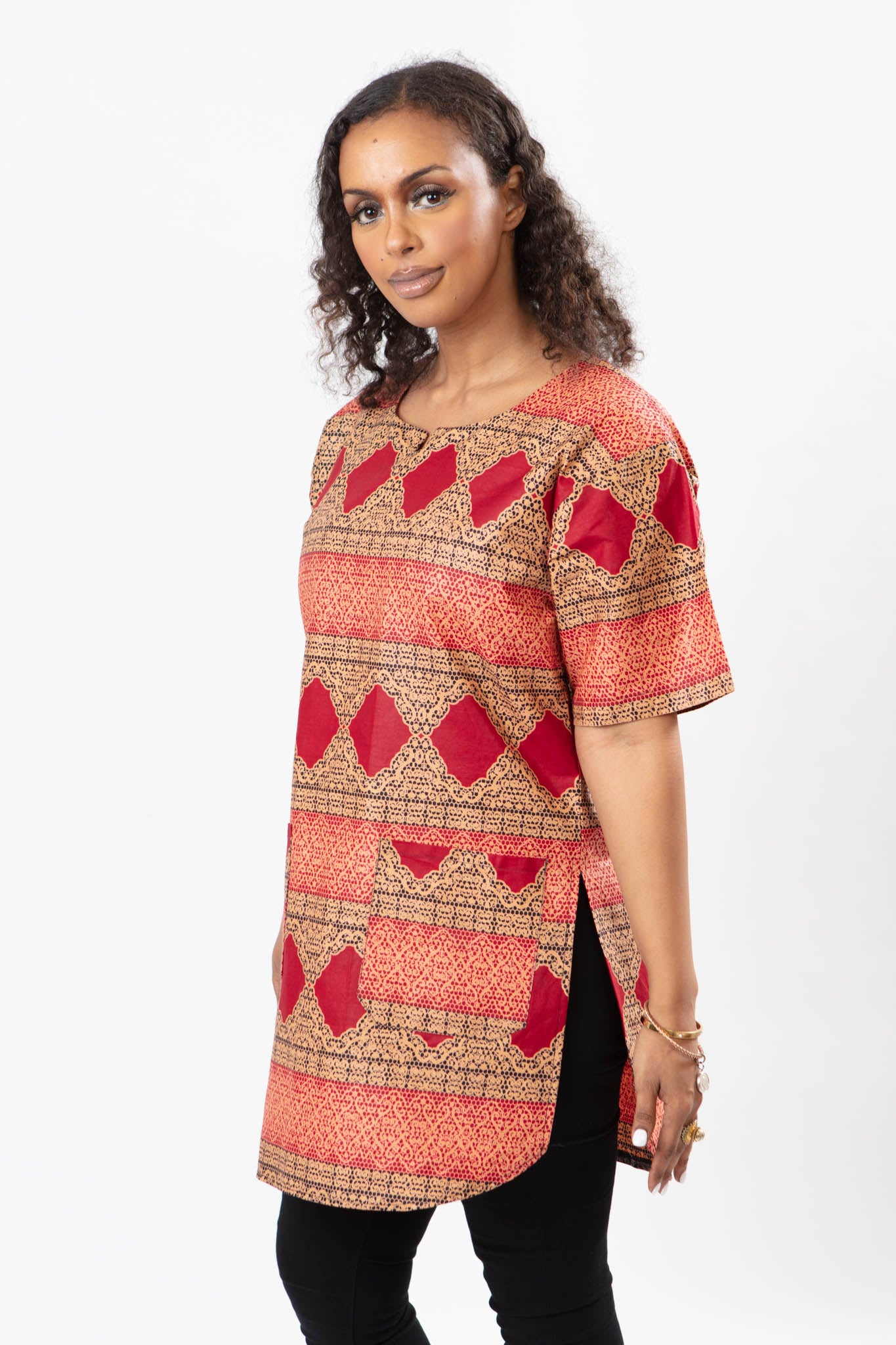 AFRICAN PRINT LADIES RED DIAMOND SHIRT