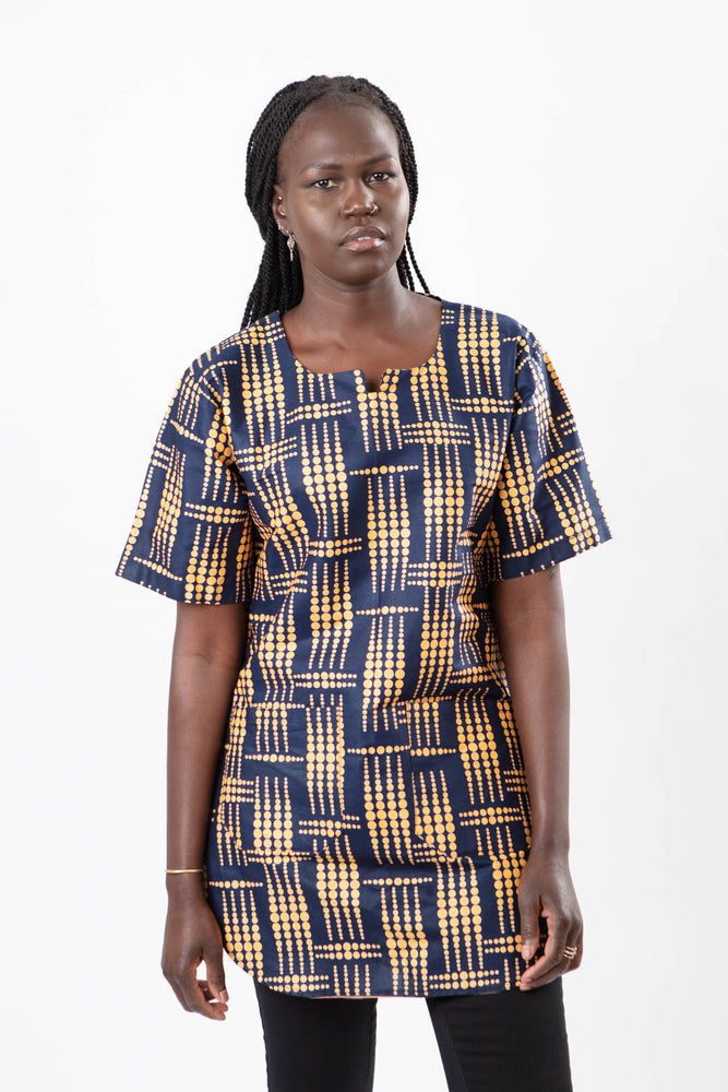 AFRICAN PRINT UNISEX NAVY BLUE DOTTED SHIRT WITH CURVED BOTTOM STYLE