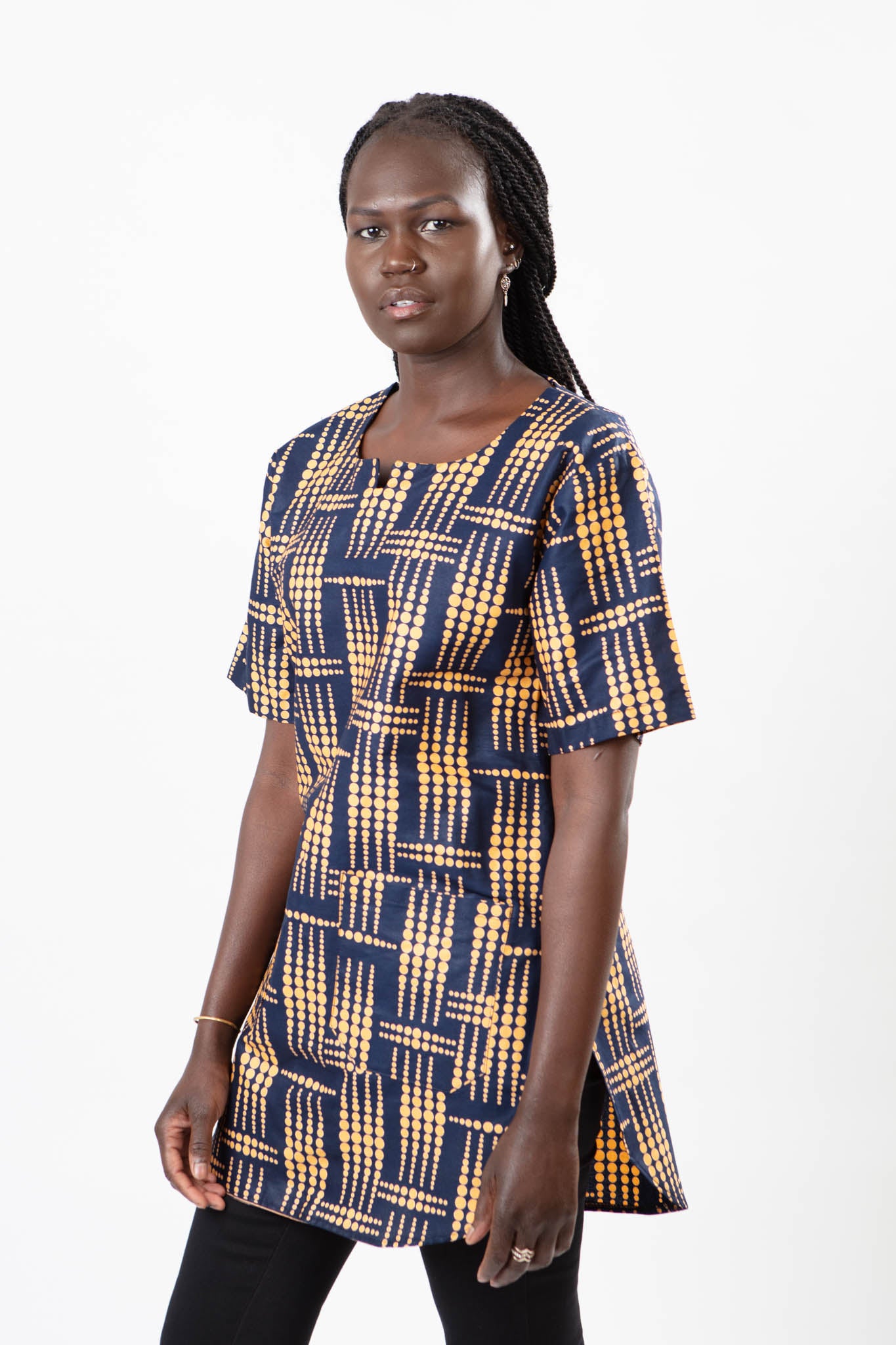 AFRICAN PRINT UNISEX NAVY BLUE DOTTED SHIRT WITH CURVED BOTTOM STYLE