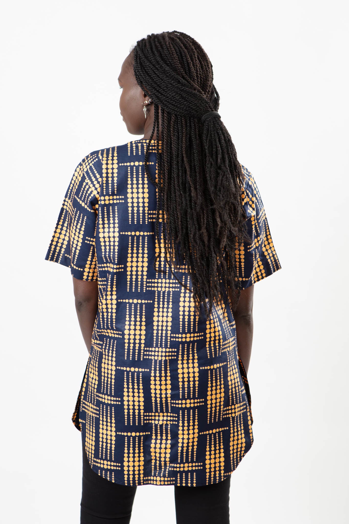 AFRICAN PRINT UNISEX NAVY BLUE DOTTED SHIRT WITH CURVED BOTTOM STYLE