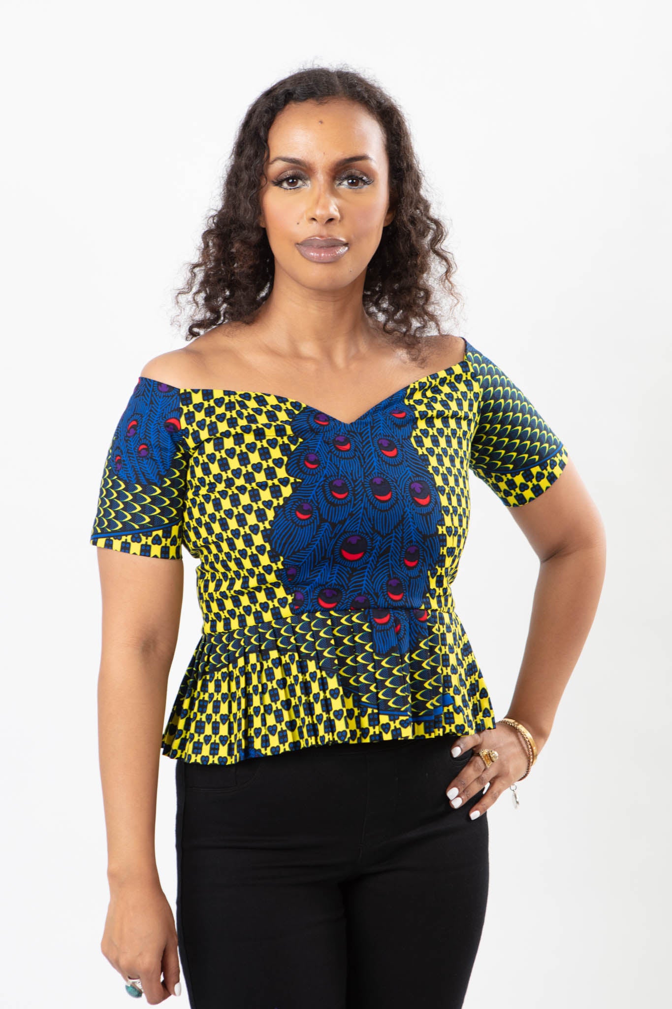 AFRICAN PRINT OFF-THE-SHOULDER PEACOCK TOP