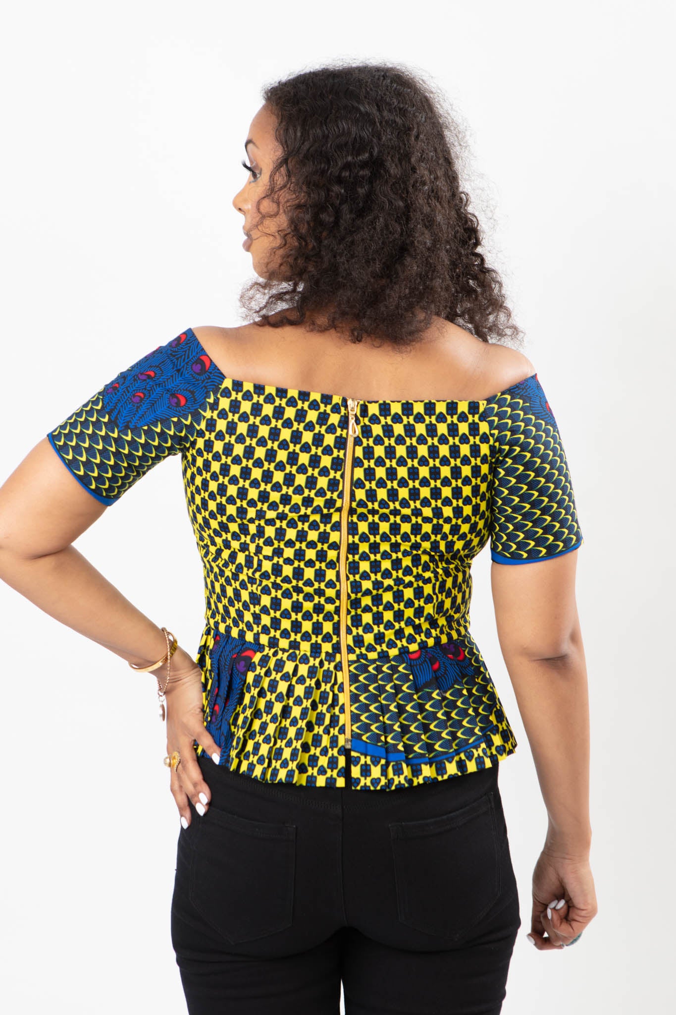 AFRICAN PRINT OFF-THE-SHOULDER PEACOCK TOP