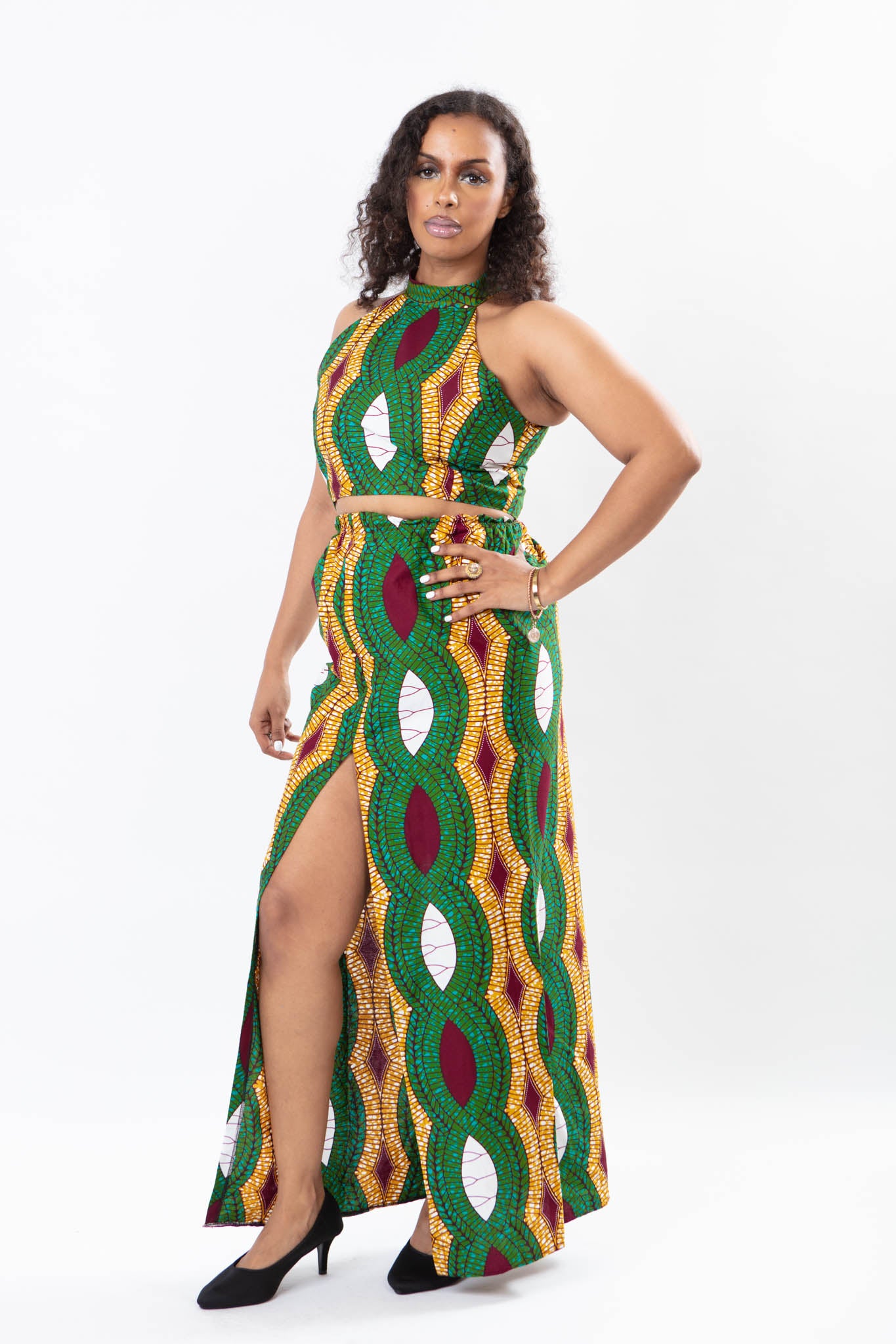 AFRICAN PRINT LADIES GREEN TWO-PIECE