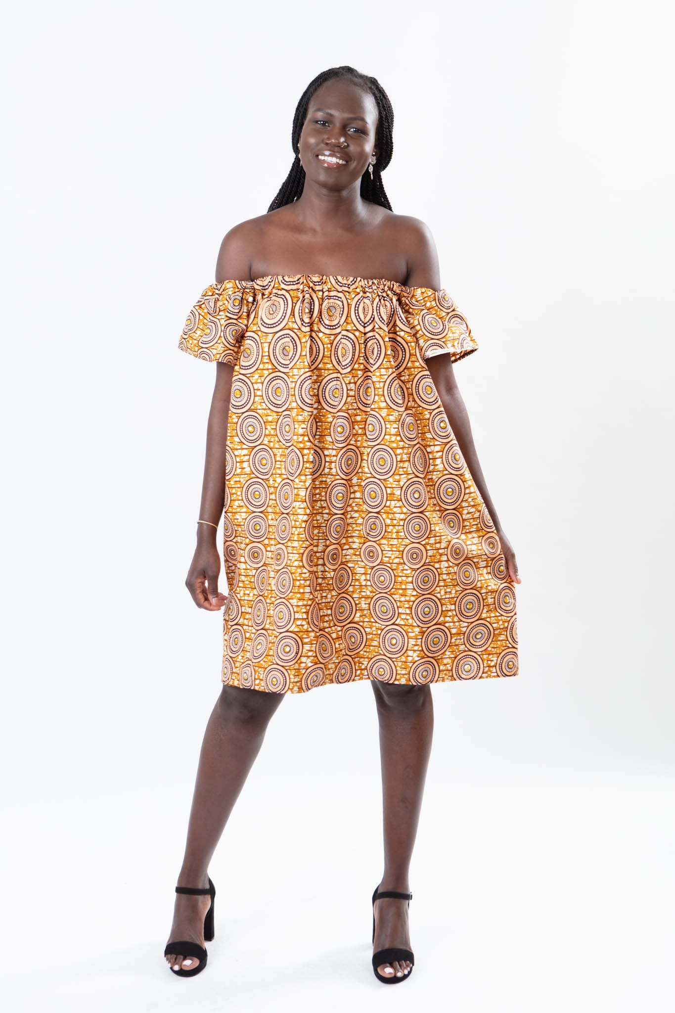 OFF-SHOULDER AFRICAN PRINT ORANGE KNEE LENGTH DRESS