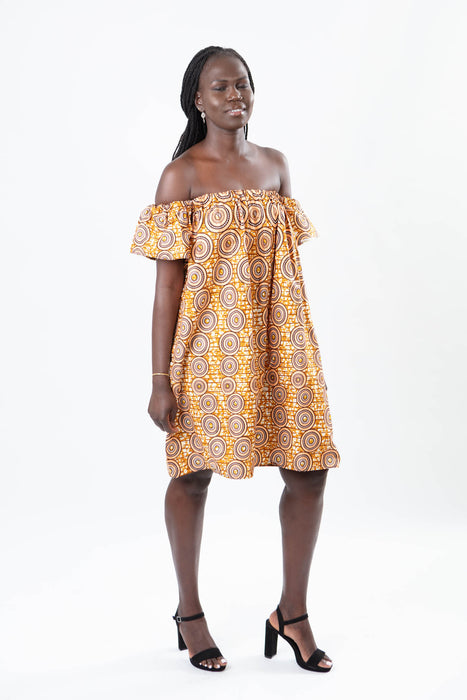 OFF-SHOULDER AFRICAN PRINT ORANGE KNEE LENGTH DRESS