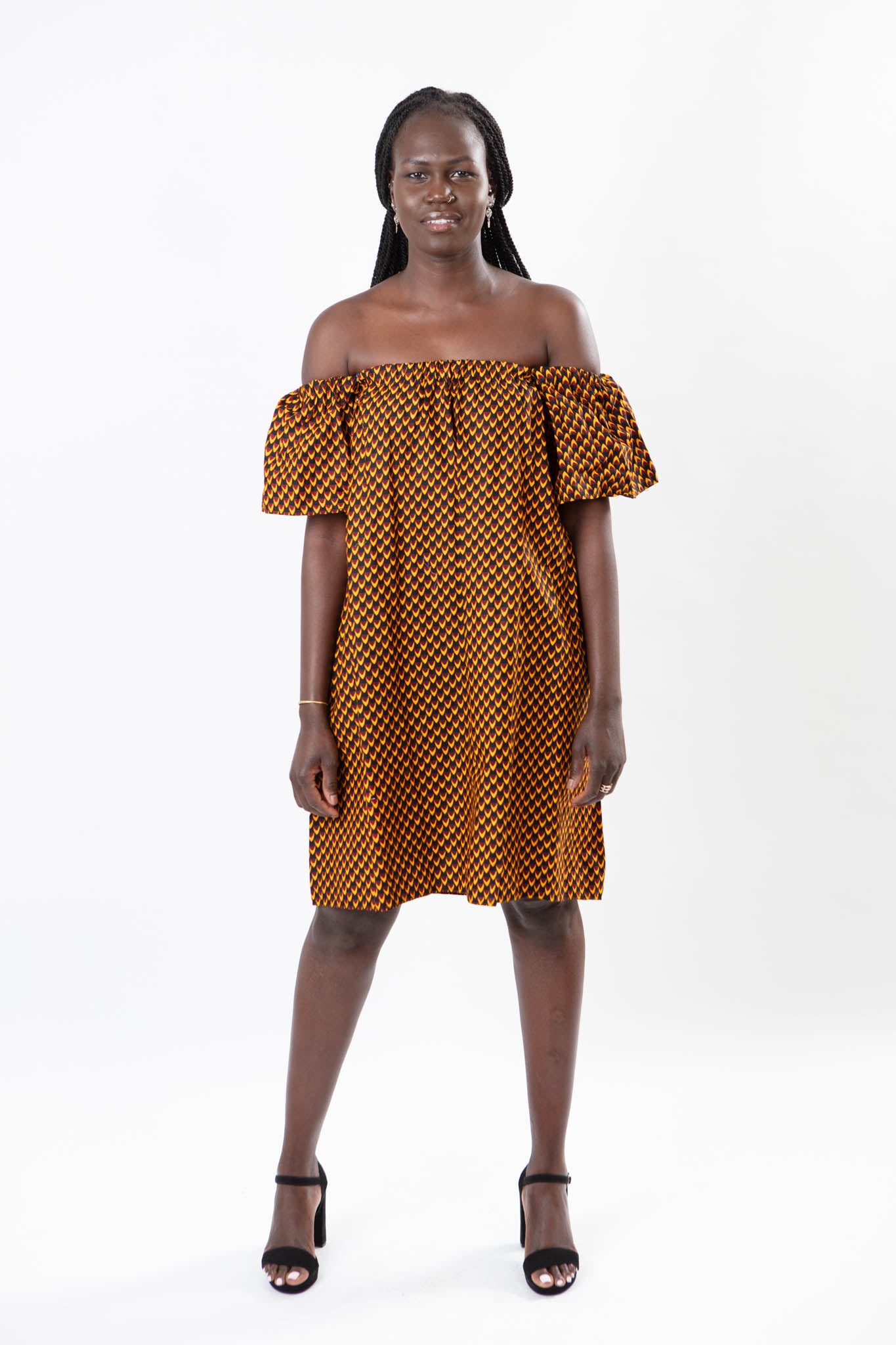 OFF-SHOULDER AFRICAN PRINT BROWN KNEE LENGTH DRESS