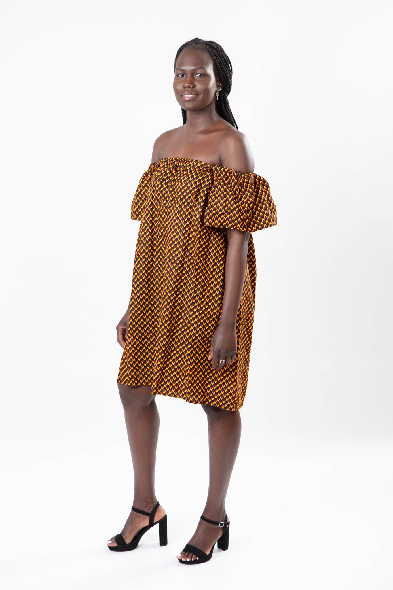 OFF-SHOULDER AFRICAN PRINT BROWN KNEE LENGTH DRESS