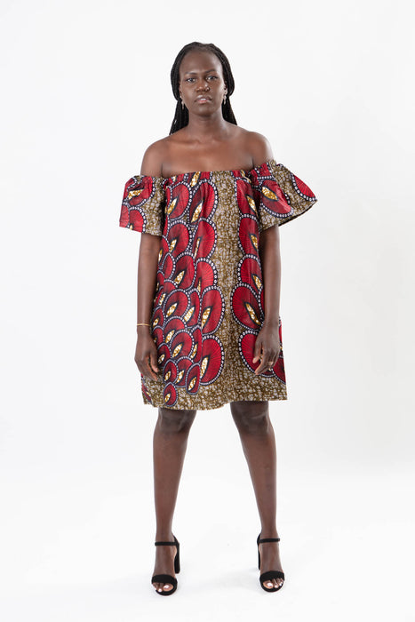 OFF-SHOULDER AFRICAN PRINT PEACOCK KNEE-LENGTH DRESS