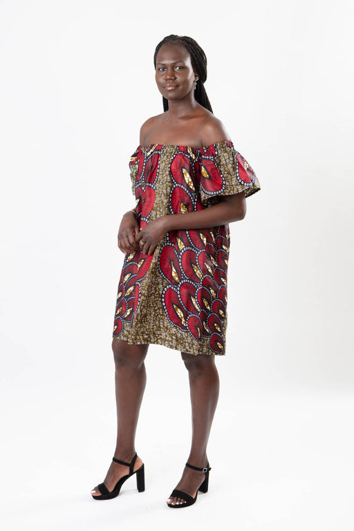 OFF-SHOULDER AFRICAN PRINT PEACOCK KNEE-LENGTH DRESS