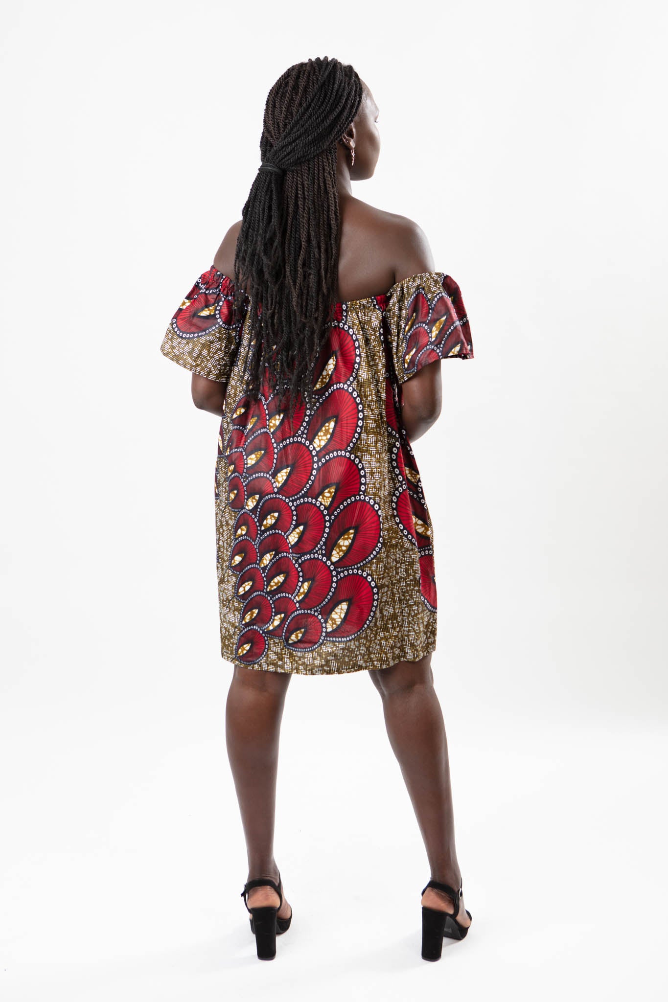 OFF-SHOULDER AFRICAN PRINT PEACOCK KNEE-LENGTH DRESS