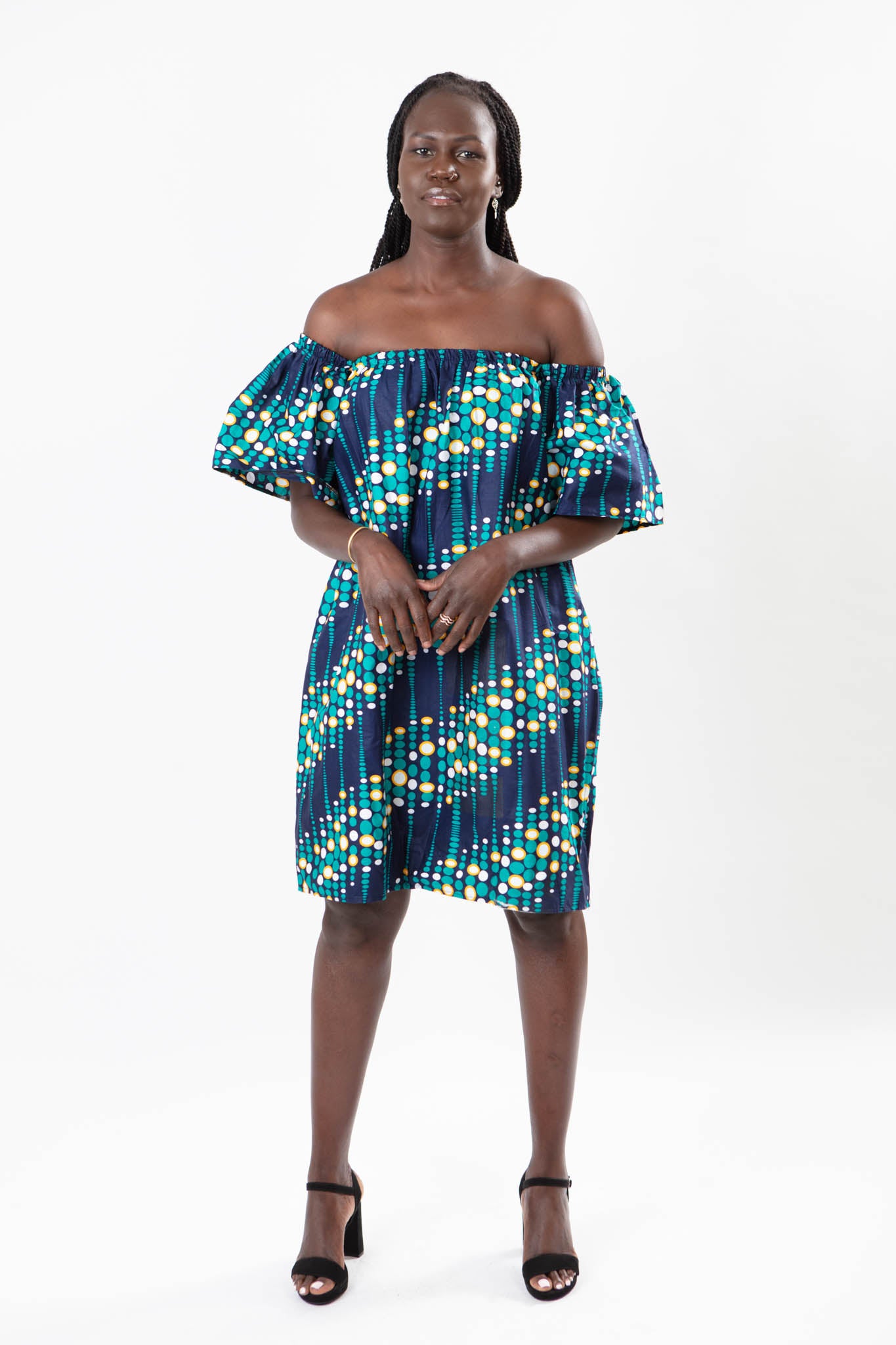 OFF-SHOULDER AFRICAN PRINT BLUE KNEE-LENGTH DRESS