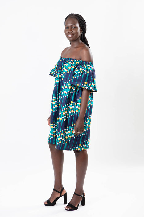 OFF-SHOULDER AFRICAN PRINT BLUE KNEE-LENGTH DRESS