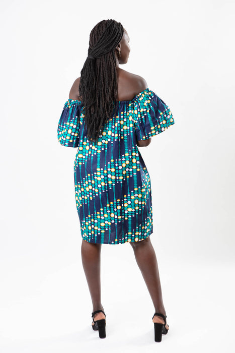OFF-SHOULDER AFRICAN PRINT BLUE KNEE-LENGTH DRESS