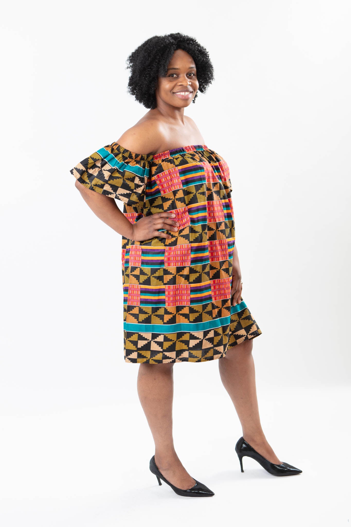 OFF-SHOULDER AFRICAN PRINT ANKARA KNEE-LENGTH DRESS