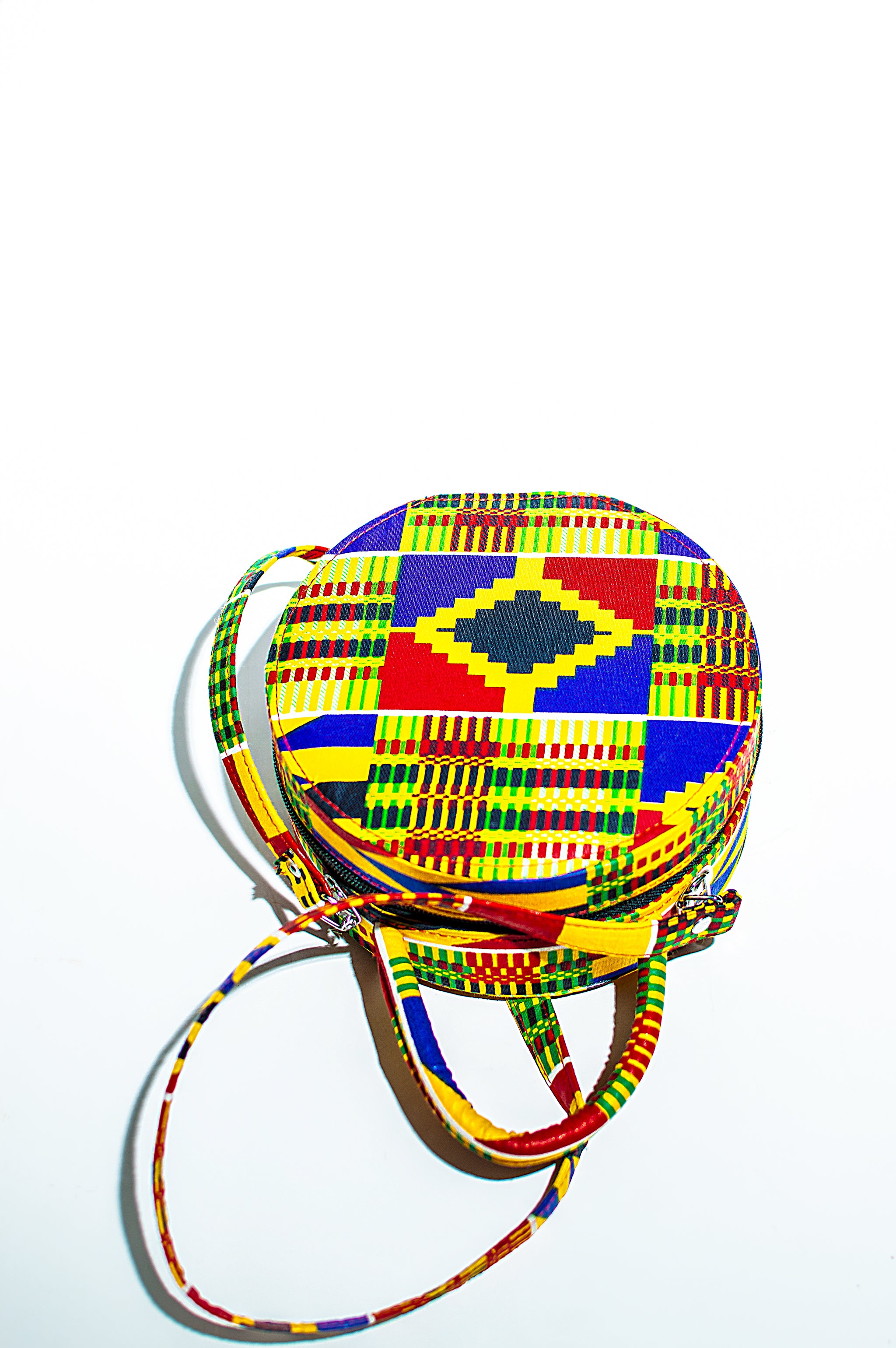 HANDMADE AFRICAN PRINT CIRCLE BAG, YELLOW, RED, GREEN AND BLACK BAG