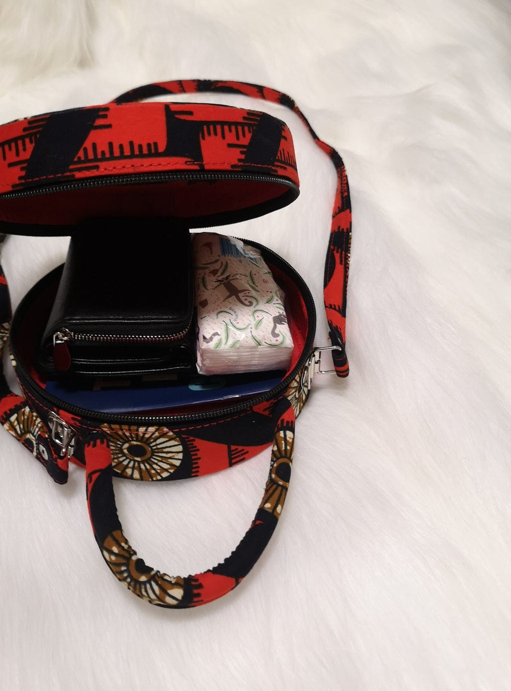 HANDMADE AFRICAN PRINT CIRCLE BAG BLUE, YELLOW, BLACK, RED, WHITE & PINK BAG