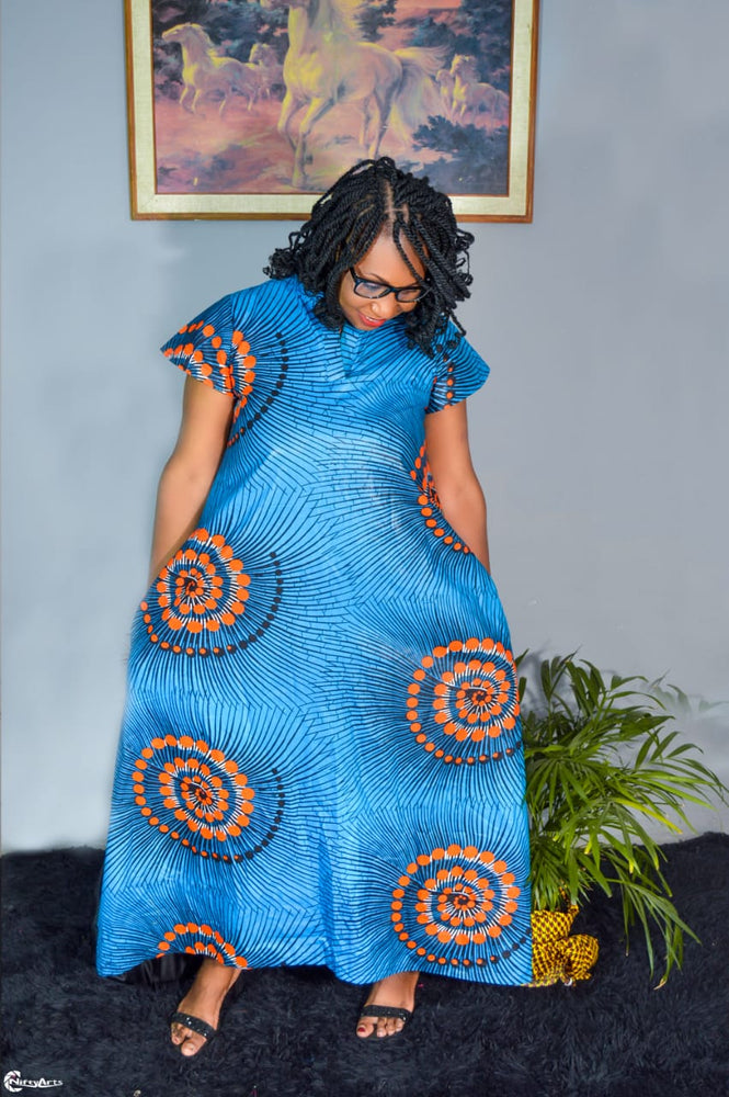 AFRICAN PRINT LADIES BLUE MAXI DRESS