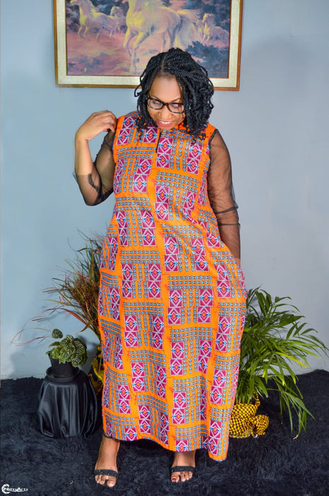 AFRICAN PRINT LADIES ANKARA MAXI DRESS WITH LACE SLEEVES