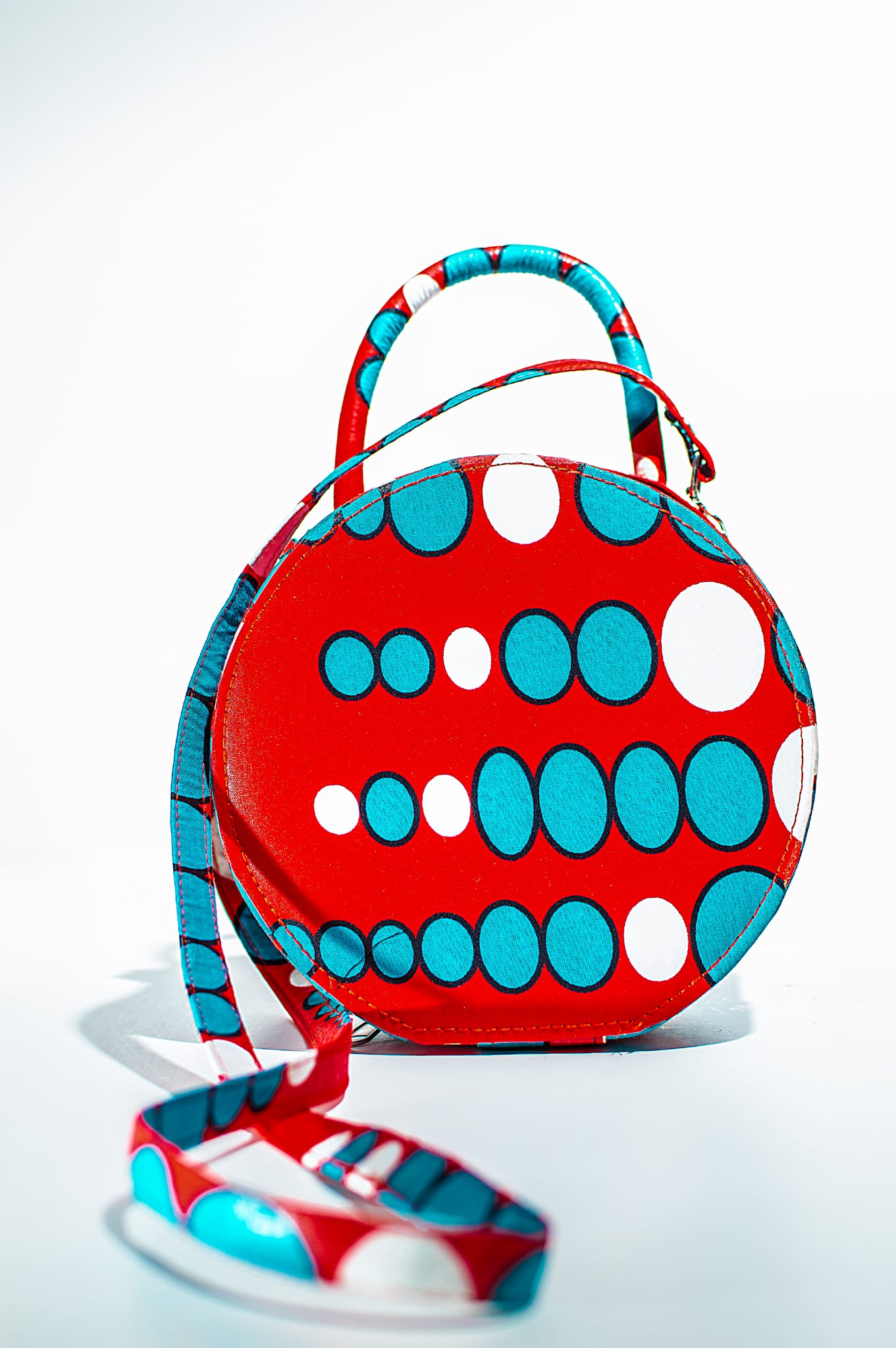 HANDMADE AFRICAN PRINT CIRCLE BAG RED, BLUE & WHITE BAG