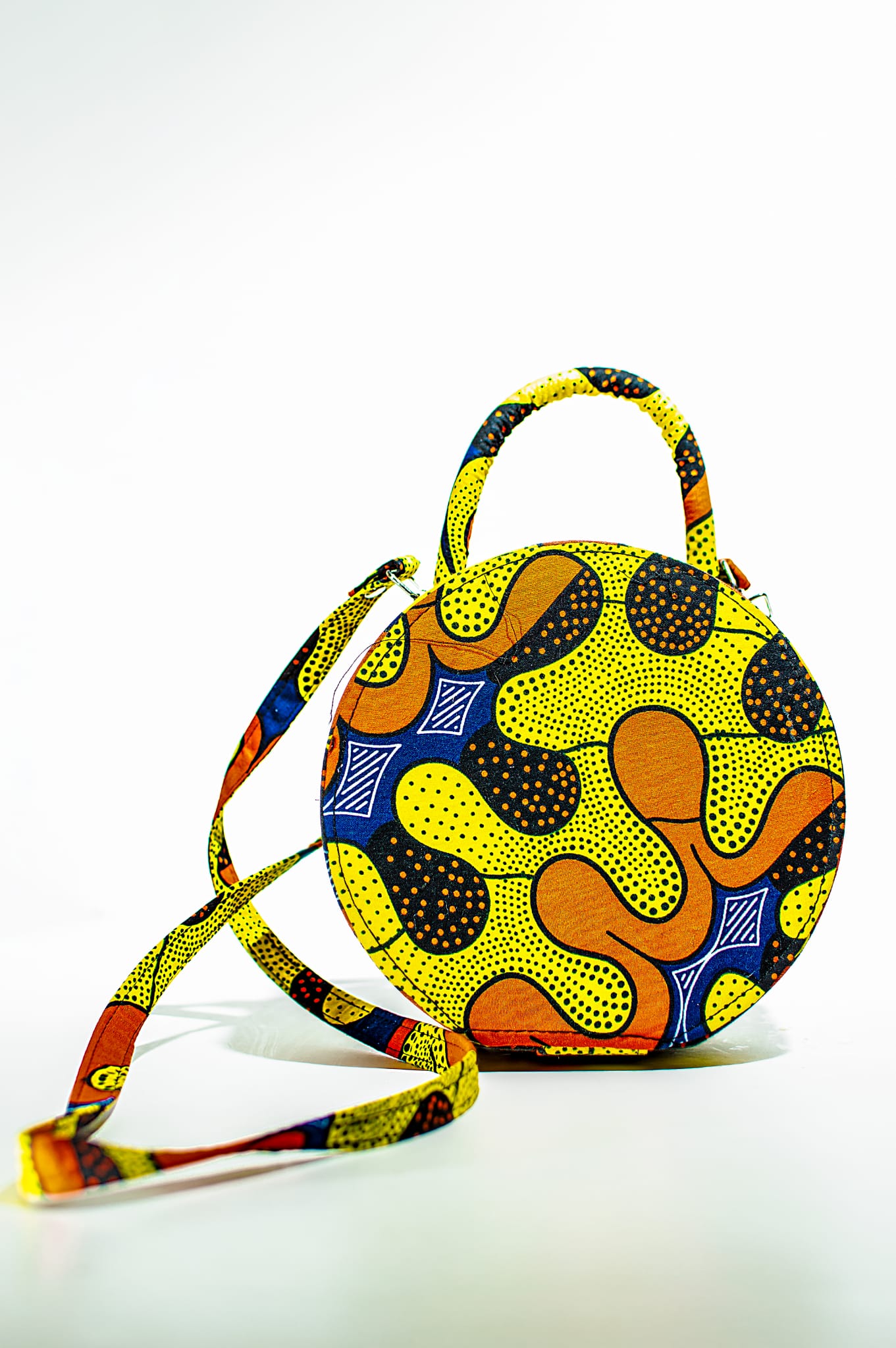 HANDMADE AFRICAN PRINT CIRCLE BAG YELLOW, COFFEE, BLUE, ORANGE & RED BAG