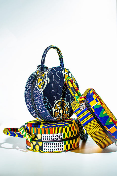 HANDMADE AFRICAN PRINT CIRCLE BAG BLUE, YELLOW, BLACK, RED, WHITE & PINK BAG