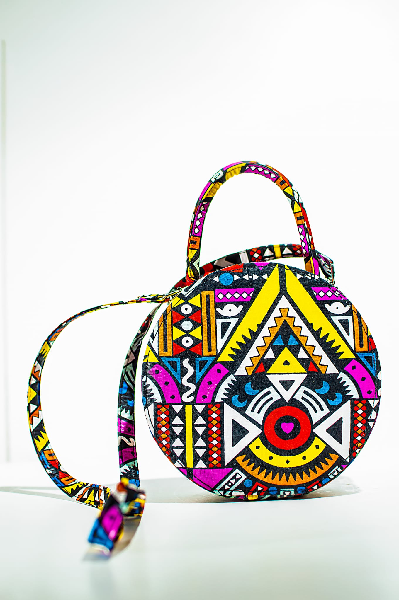 HANDMADE AFRICAN PRINT CIRCLE BAG PINK, YELLOW, RED, BLACK & WHITE