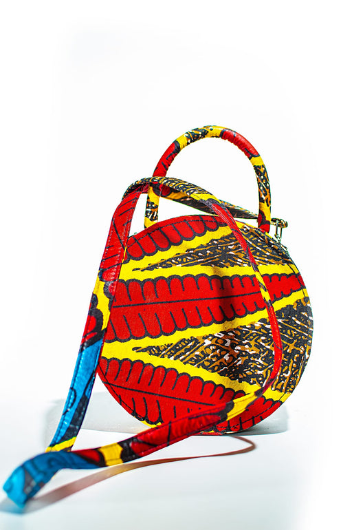HANDMADE AFRICAN PRINT CIRCLE BAG RED, YELLOW, BROWN & BLUE BAG