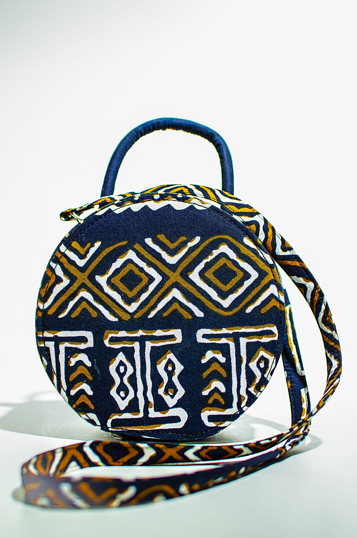 HANDMADE AFRICAN PRINT CIRCLE BAG NAVY BLUE, GOLD & WHITE BAG