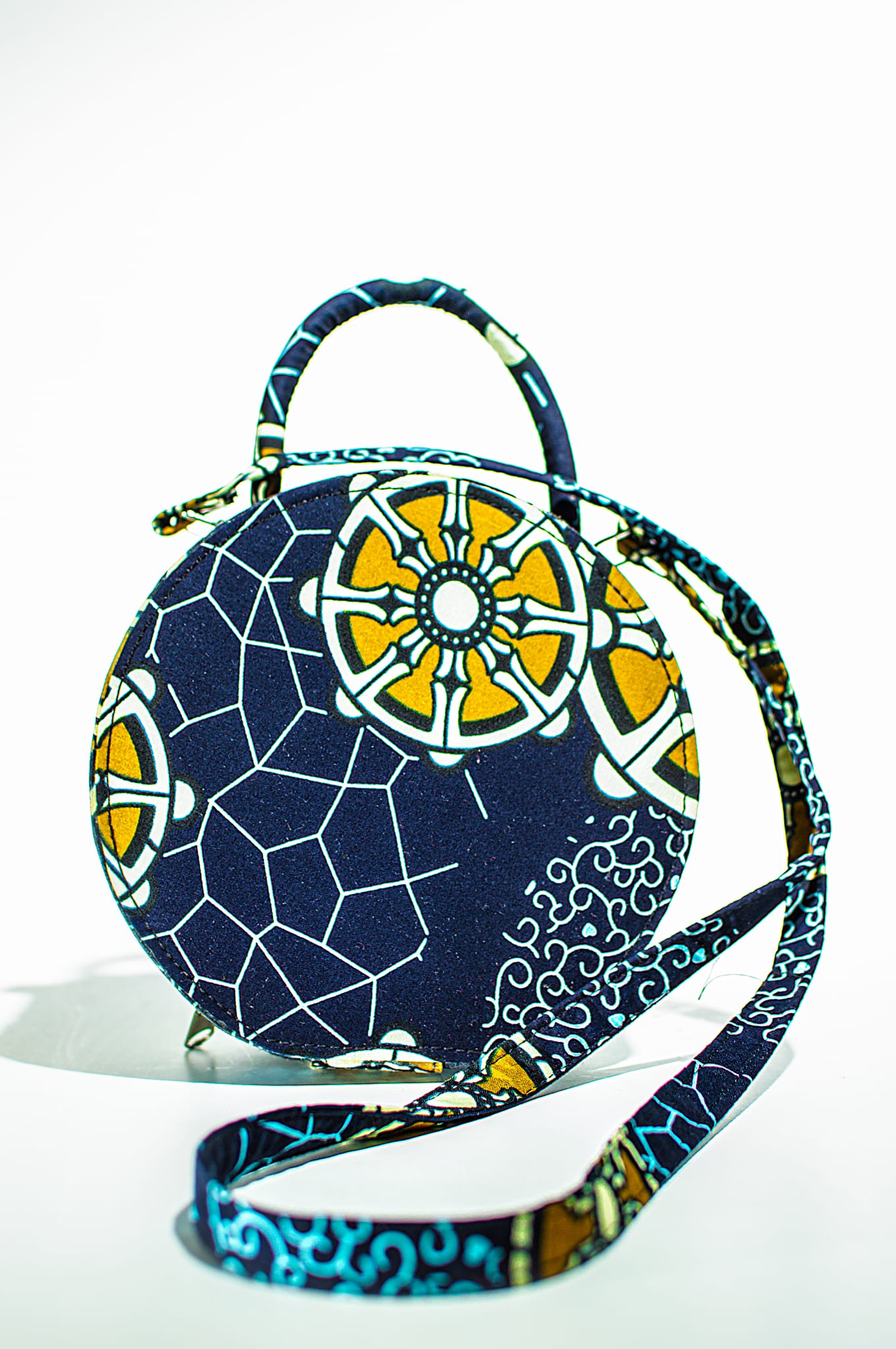 HANDMADE AFRICAN PRINT CIRCLE BAG BLUE, GOLD & WHITE BAG