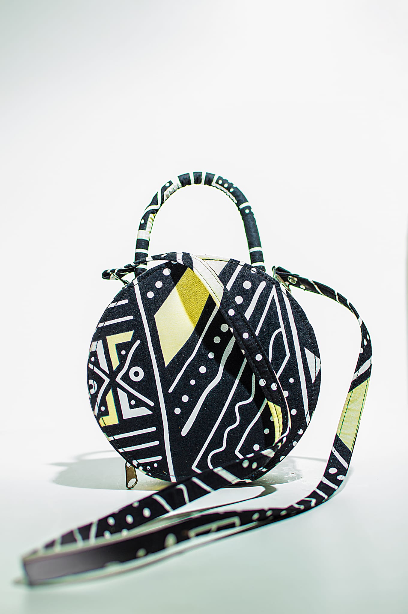 HANDMADE AFRICAN PRINT CIRCLE BAG BLACK, YELLOW & WHITE BAG