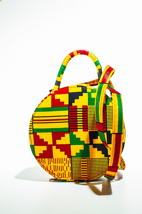 HANDMADE AFRICAN PRINT CIRCLE BAG YELLOW, GREEN, RED, & BLACK BAG
