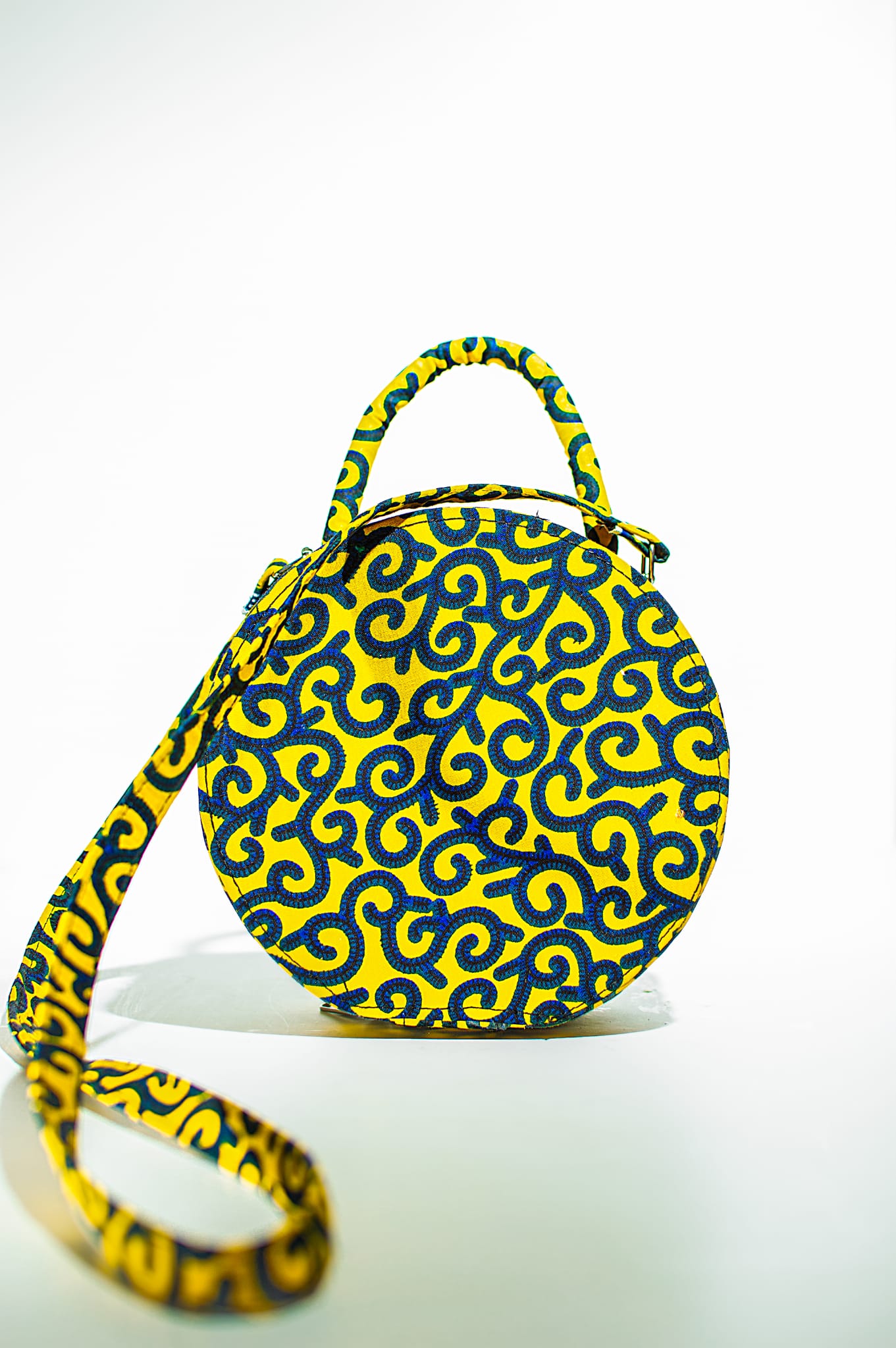 HANDMADE AFRICAN PRINT CIRCLE BAG YELLOW AND NAVY BLUE BAG