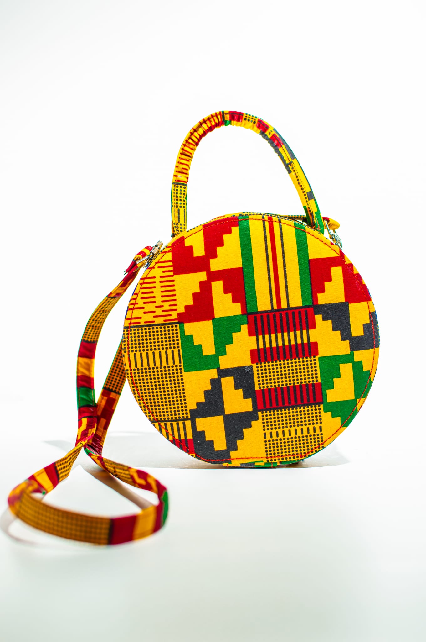 HANDMADE AFRICAN PRINT CIRCLE BAG YELLOW, GREEN, RED, & BLACK BAG