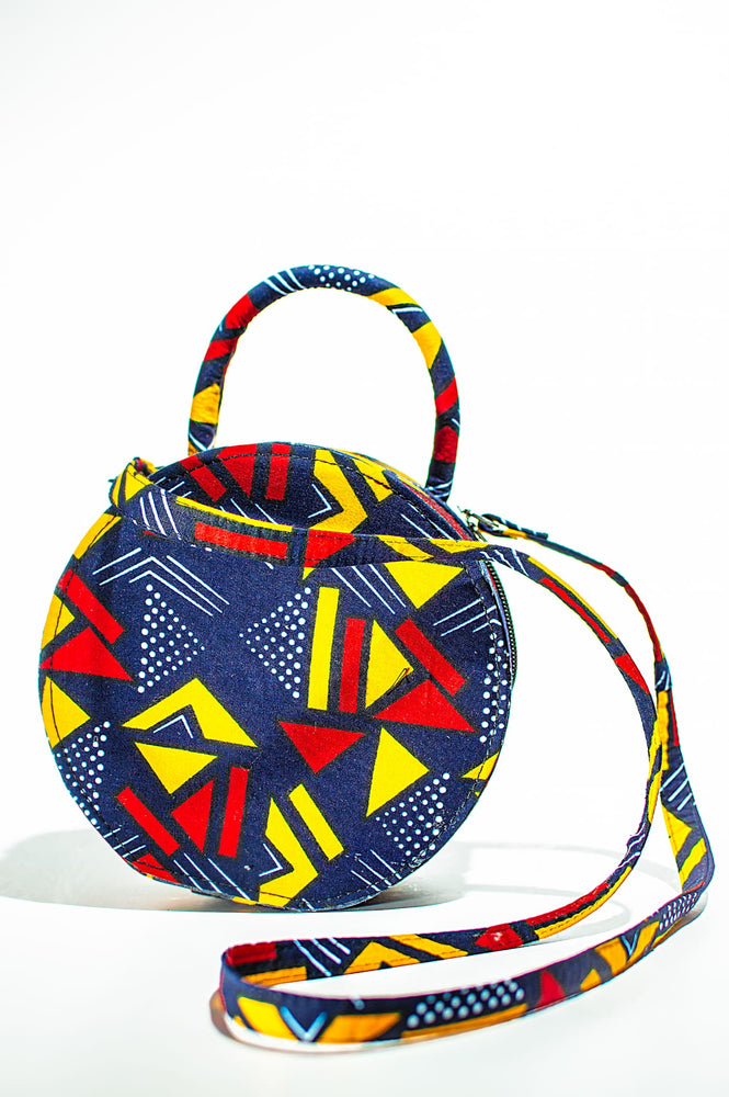 Handmade African Print Circle Bag Dark Blue, Red, Yellow & White Bag