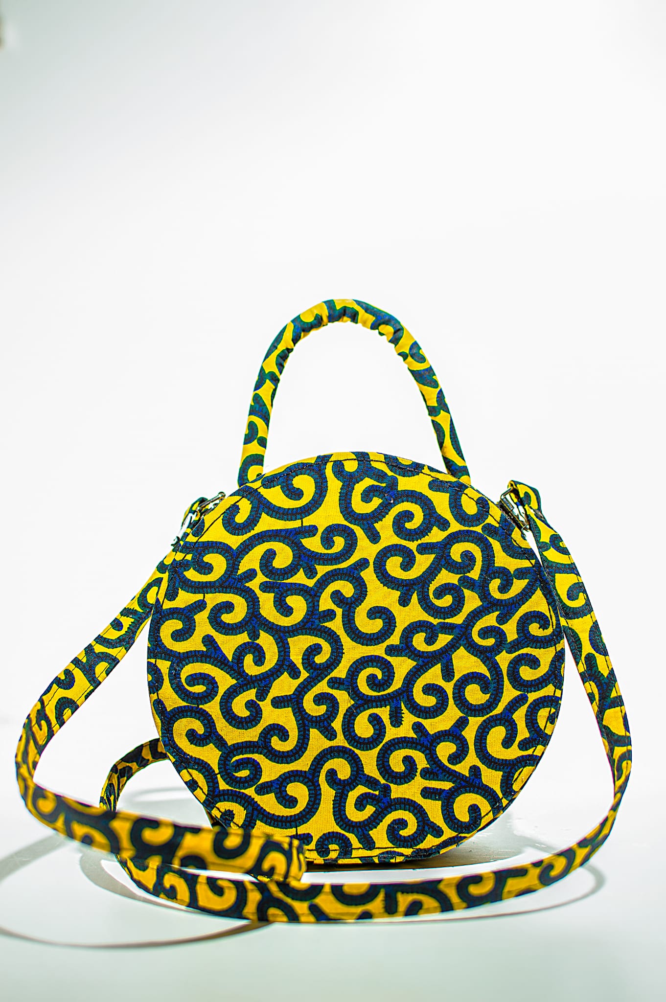 HANDMADE AFRICAN PRINT CIRCLE BAG YELLOW AND NAVY BLUE BAG