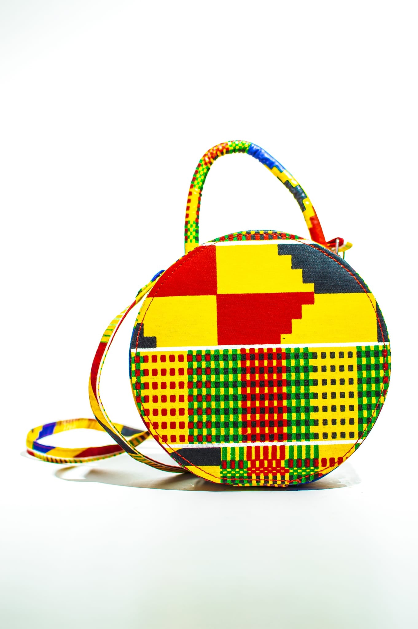 HANDMADE AFRICAN PRINT CIRCLE BAG, YELLOW, RED, GREEN AND BLACK BAG