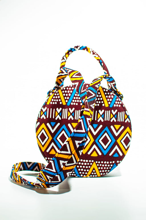 HANDMADE AFRICAN PRINT CIRCLE BAG, COFFEE BROWN,YELLOW,LIGHT BLUE AND WHITE BAG