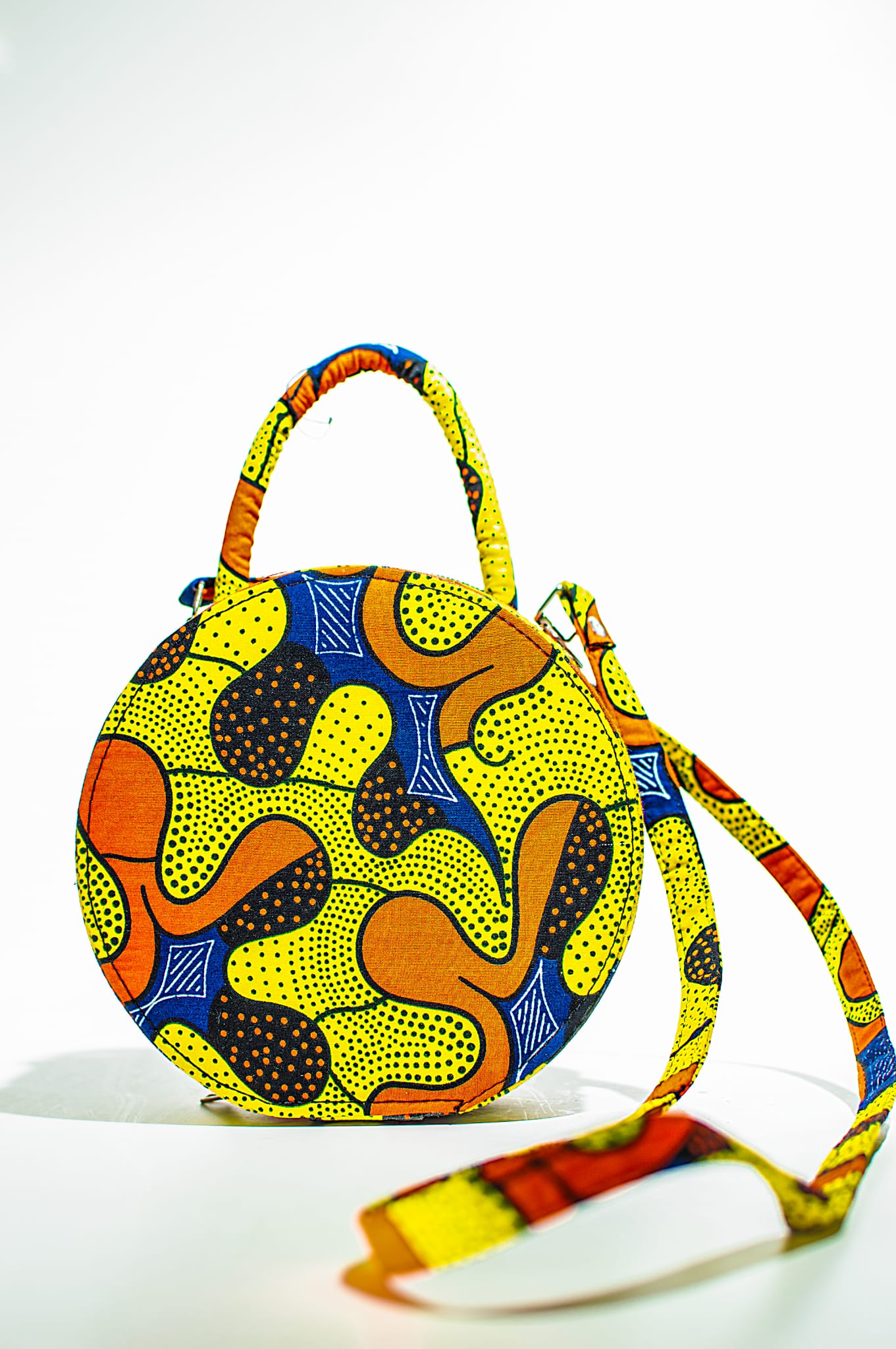 HANDMADE AFRICAN PRINT CIRCLE BAG YELLOW, COFFEE, BLUE, ORANGE & RED BAG